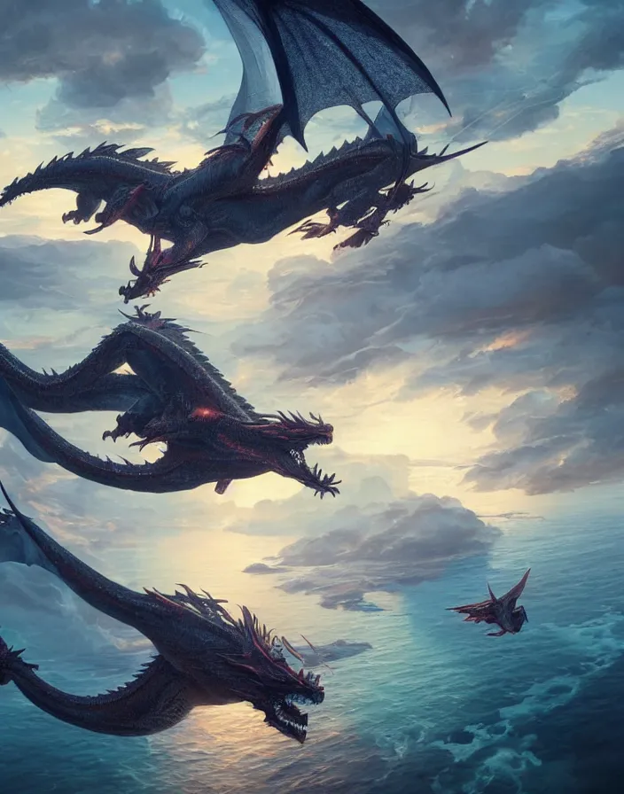 Image similar to painting of dragon flying above a vast ocean, intricate abstract. delicate artwork. by Tooth Wu, wlop, beeple, dan mumford. octane render, trending on artstation, greg rutkowski very coherent symmetrical artwork. cinematic, hyper realism, high detail, octane render, 8k, depth of field, bokeh. chrome accents.