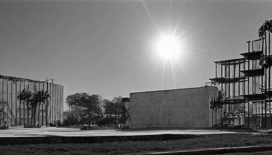 Prompt: 1 9 7 0 s movie still by djibril diop mambety of a non euclidian building, by piranesi, panoramic, ultra wide lens, cinematic light, flare, anamorphic