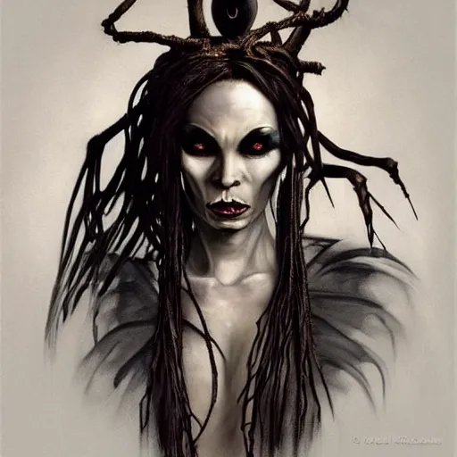 Image similar to Dark Fantasy Painting of a voodoo witch with a sinister evil look on her face, black widow spiders in her hair, creepy, unsettling, horror, upper body, wearing a dark dress, intricate, wild, highly detailed, digital painting, artstation, concept art, smooth, sharp focus, illustration, art by artgerm and greg rutkowski and alphonse mucha