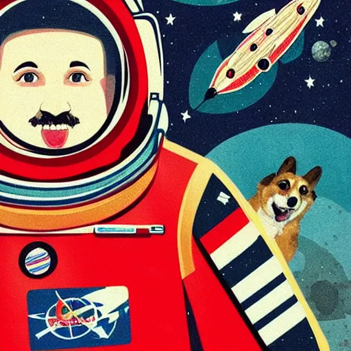 Prompt: russian corgi cosmonaut in outer space, vintage illustration, red and black, bold, strong, heroic, intense, poster