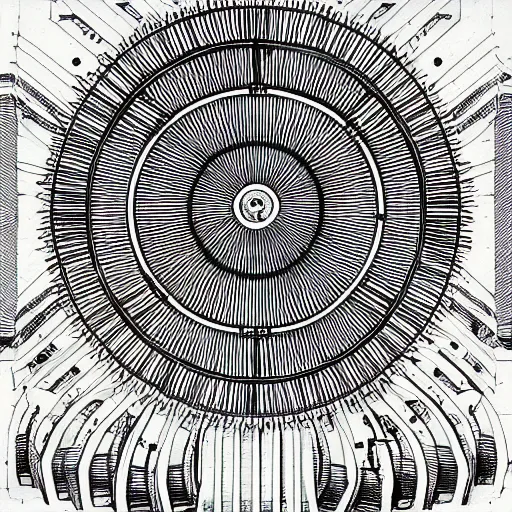 Prompt: a technical drawing of a radial techno sun above abandoned Temple architecture plans, highly detailed , black and white color scheme, fine lines and graphite, stanley donwood,