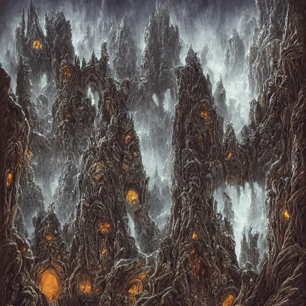 Image similar to dark alien castles, grotesque symmetrical towers and demonic altars in the evil winter mountains, upward cinematic angle, by rodney matthews, michael kaluta, and john byrne, fantasy art, intense atmosphere, striking composition, alien faces, monster statues, intricate, strange, ornate, digital art, hyperdetailed, colorful hyperrealism, photorealism, 8k