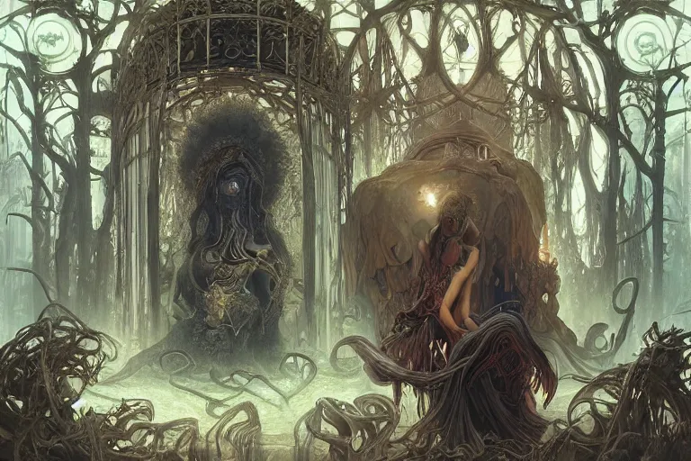 Image similar to a lovecraftian painting of a demonic shrine, occult, sacred ritual, cosmic horror elements, ultra realistic, concept art, intricate details, eerie, highly detailed, photorealistic, octane render, 8 k, unreal engine. art by artgerm and greg rutkowski and alphonse mucha