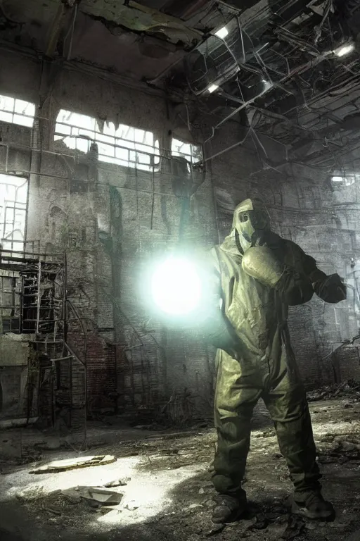 Prompt: a stalker with a detector in his hand from the game s.t.a.l.k.e.r stands next to a translucent luminous sphere in an abandoned factory