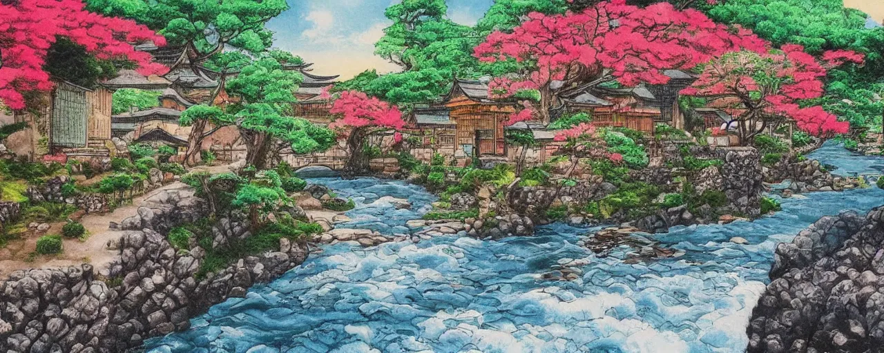 Image similar to a river running through a medieval village, summer, beautiful colors, japanese traditional art, award winning