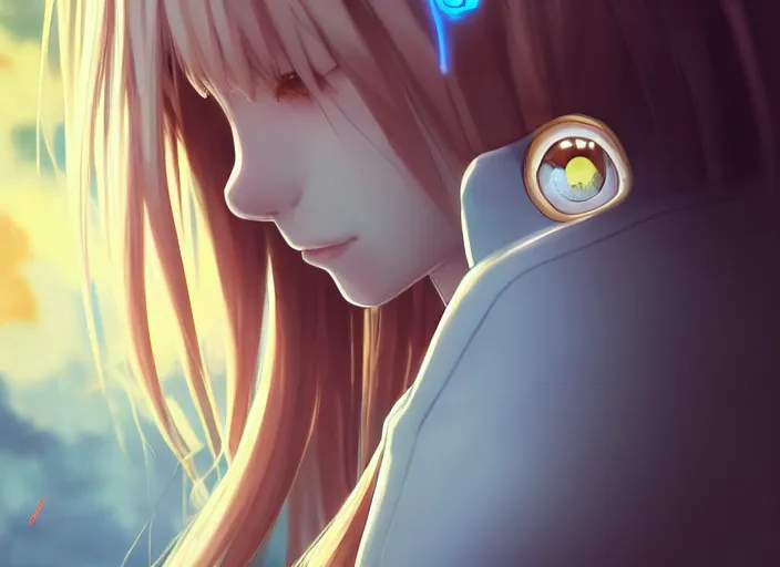 Image similar to rimuru playing chess, with amber eyes of golden colored eyes, straight hair, sky blue hair, long bangs, high collar, concept art, award winning photography, digital painting, cinematic, by wlop, anime key visual, wlop, 8 k, by ross tran, tom bagshaw, andy warhol