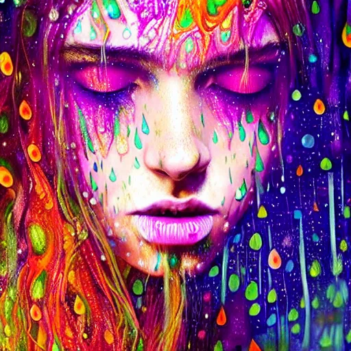 Image similar to girl in psychedelic LSD rain with wet hair and face, fantasy, intricate, elegant, dramatic lighting, evoking intense emotion, symbolic metaphor, highly detailed, lifelike, photorealistic, digital painting, artstation, concept art, smooth, sharp focus, illustration, art by John Collier and Albert Aublet and Krenz Cushart and Artem Demura and Alphonse Mucha