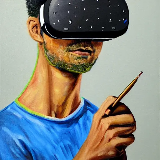 Prompt: a painting of a son, who lives in sao paulo and father, who lives in portugal are writing a news column about vr and ai