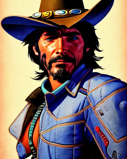 Image similar to mccree from overwatch, cyber space cowboy, outter space, character portrait, portrait, close up, concept art, intricate details, highly detailed, vintage sci - fi poster, retro future, vintage sci - fi art, in the style of chris foss, rodger dean, moebius, michael whelan, and gustave dore