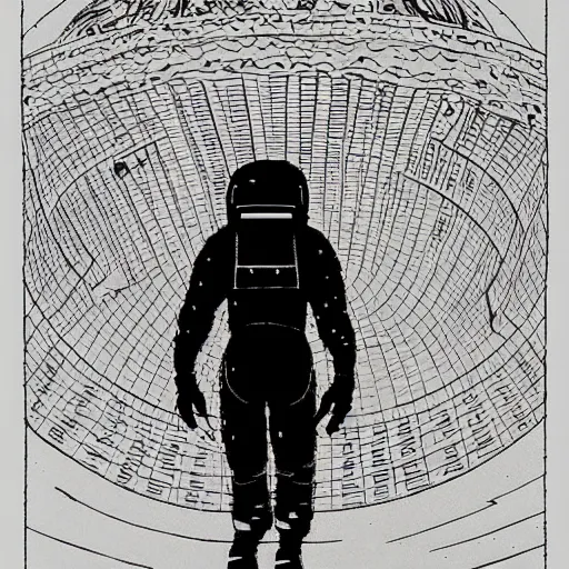 Image similar to astronaut on the moon walking, silhouette, intricate ink drawing, highly detailed in the style of jamie hewlett