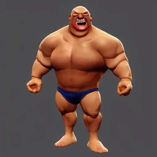 Prompt: extremely muscular bald man, small legs, exaggerated arms, 3 d model, gladiator, small head, giant chin, cell shaded, cartoon shading, gorn, vr game, video game