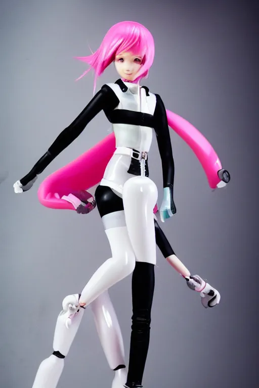 Prompt: cute girl with short pink hair, white plastic inflatable coat, mechanical arm, black tight pants ， by brian sum