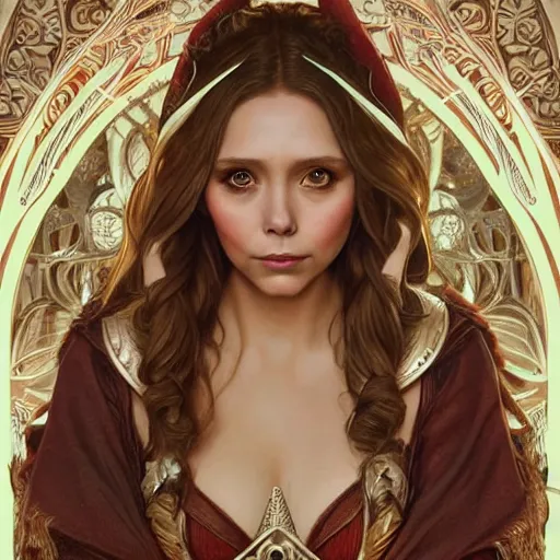 Image similar to Elizabeth Olsen as a elf archer, cute, fantasy, intricate, elegant, highly detailed, centered, digital painting, artstation, concept art, smooth, sharp focus, illustration, art by artgerm and H R Giger and alphonse mucha