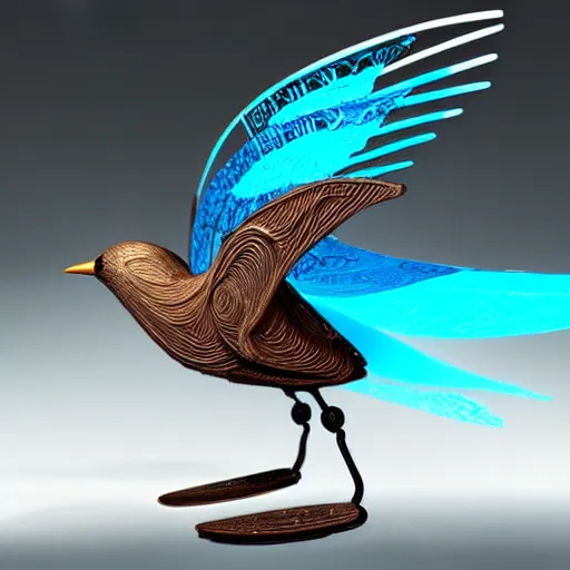 Image similar to beautiful artistic - wave highly detailed robotic bird, with head phones, by ben templesmith, dynamic lighting, gradient light blue, brown, blonde cream and white color scheme, grunge aesthetic