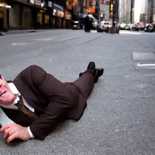 Image similar to A smiling chubby white clean-shaven man dressed in a chocolate brown suit and necktie is laying on the ground in New York city.