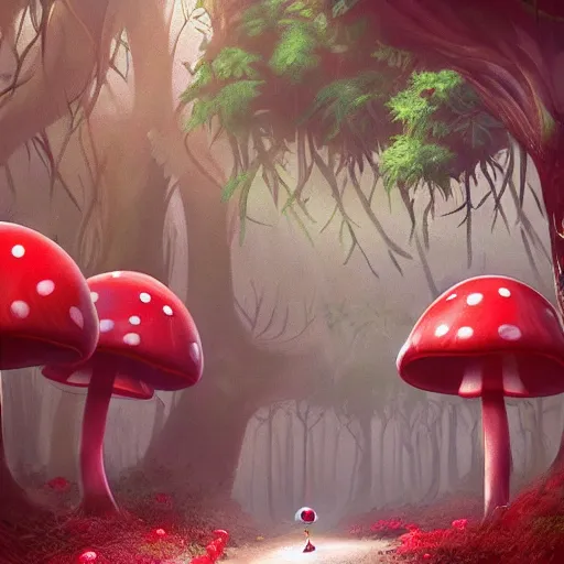 Image similar to a magical forest of giant red and white spotted mushroom, exotic foliage, Mario walking along path, mushroom kingdom theme, piranha plants hanging from vines, artstation, matte painting, colorful, beautiful, cinematic lighting