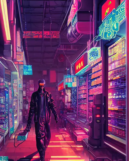 Prompt: cyberpunk man shopping at a neon soaked grocery store, science fiction painting, elegant intricate digital painting artstation, art by masamune shirow, detailed