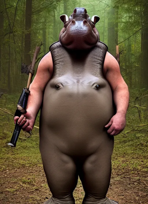 Prompt: an anthropomorphic hippopotamus dressed as a survivalist