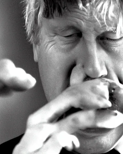 Prompt: film still close - up shot of boris johnson picking his nose from the movie monty python's the meaning of life. photographic, photography