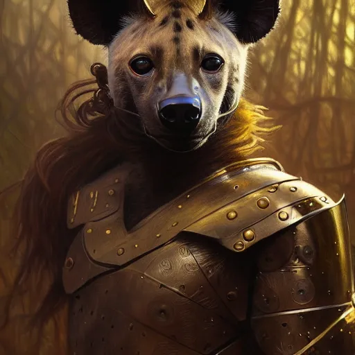 Image similar to photo of a humanoid hyena were a heroic armour an gold helmet in the forest, long hair, highly detailed, digital painting, artstation, smooth, sharp focus, illustration, art by artgerm and greg rutkowski and alphonse mucha