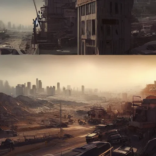 Image similar to epic digital matte paining of post-apocalyptic Los Angeles by Jama Jurabaev and Denis Villeneuve, extremely detailed, artstation