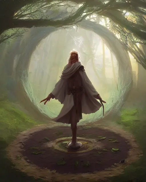Prompt: a druid standing in a circle at the beginning of the world by mandy jurgens