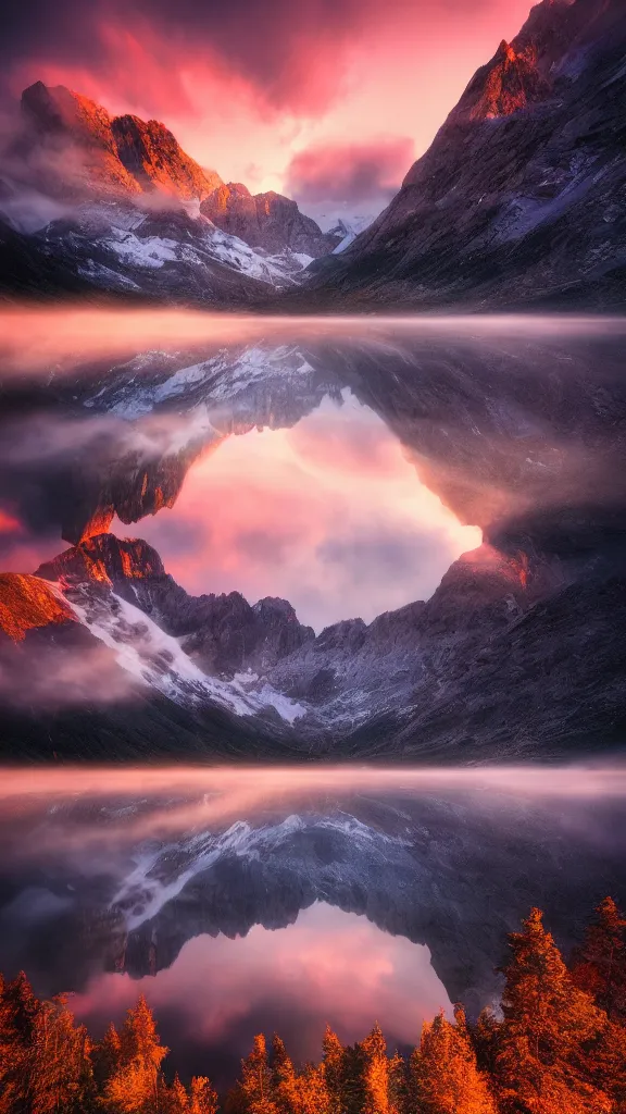 Image similar to amazing landscape photo of mountains with lake in sunset by marc adamus, beautiful dramatic lighting