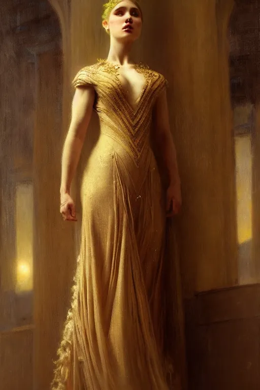 Image similar to a full body portrait of statan daughter wearing gown, high detail, cleary see face, by gaston bussiere, bayard wu, greg rutkowski, odd nerdrum, maxim verehin, dan dos santos, masterpiece, sharp focus, cinematic lightning