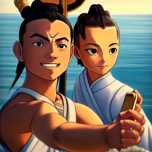 Image similar to beautiful serene intricate portrait of sokka and toph from avatar the last airbender taking a selfie, smiling softly, relaxing on the beach, golden hour, soft focus, 8 k, art by irakli nadar, hyperrealism, hyperdetailed, ultra realistic