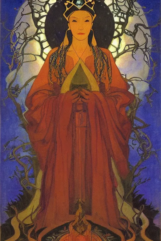 Image similar to lady of the forest with her crown and lantern, by Nicholas Roerich and Annie Swynnerton and Frederick Sandys, dramatic cinematic lighting , ornate headdress , flowing robes, sacred artifacts, lost civilizations, smooth, sharp focus, extremely detailed