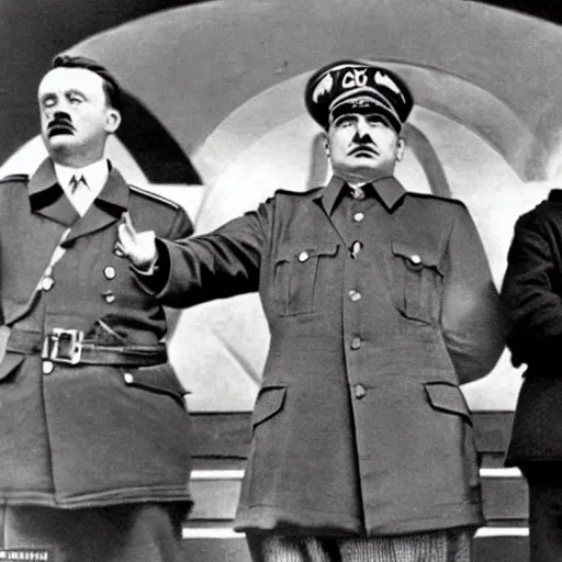 Image similar to viktor orban, hitler and stalin take part in a farting contest 1 9 4 4, nazi propaganda art, colored, highly detailed