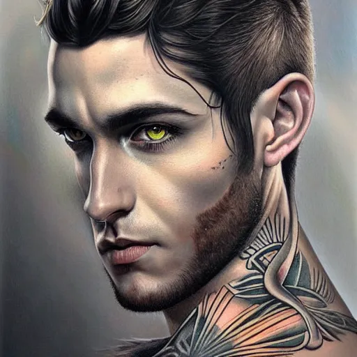 Image similar to ultra realistic portrait painting of a perfect handsome man green eyes black and grey hair, neck tribal snake tattoo, painted by Tristan Eaton Stanley Artgerm and Tom Bagshaw