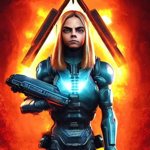 Prompt: Symmetric movie poster of Cara delevingne as Samus Aran , Gears of War cover art, ultra wide lens shot,cinematic lighting, beautiful,art by Artgerm and Greg Rutkowski and Alphonse Mucha