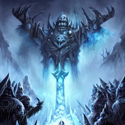 Prompt: vast ice dungeon, the lich king summoning a horde of undead warriors, warcraft, warcraft artwork, digital drawing, hyperrealistic, hyper detailed, dark fantasy, gritty