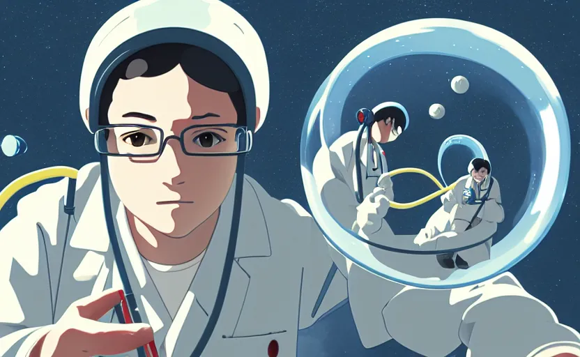 Image similar to a film still portrait of a nerdy scientist rocketing in a hallway cubic snake bubble, finely detailed features, closeup at the faces, chronenberg, perfect art, grimdark, trending on pixiv fanbox, painted by studio ghibli