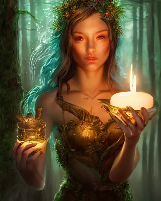 Image similar to portrait high definition photograph cute girl holding a candle fantasy character art, hyper realistic, pretty face, hyperrealism, iridescence water elemental, snake skin armor forest dryad, woody foliage, 8 k dop dof hdr fantasy character art, by aleski briclot and alexander'hollllow'fedosav and laura zalenga