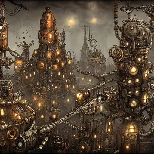 Image similar to machinarium city, steampunk style, fantasy style, super high detail, super high quality, talented artist, trending on artstation