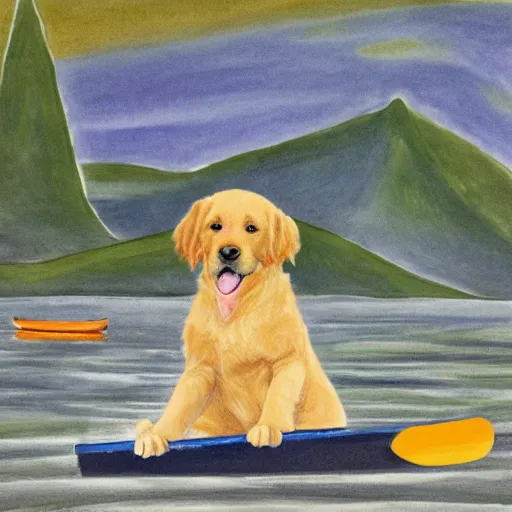 Image similar to golden retriever puppy canoeing, in the style of emily carr, group of seven,