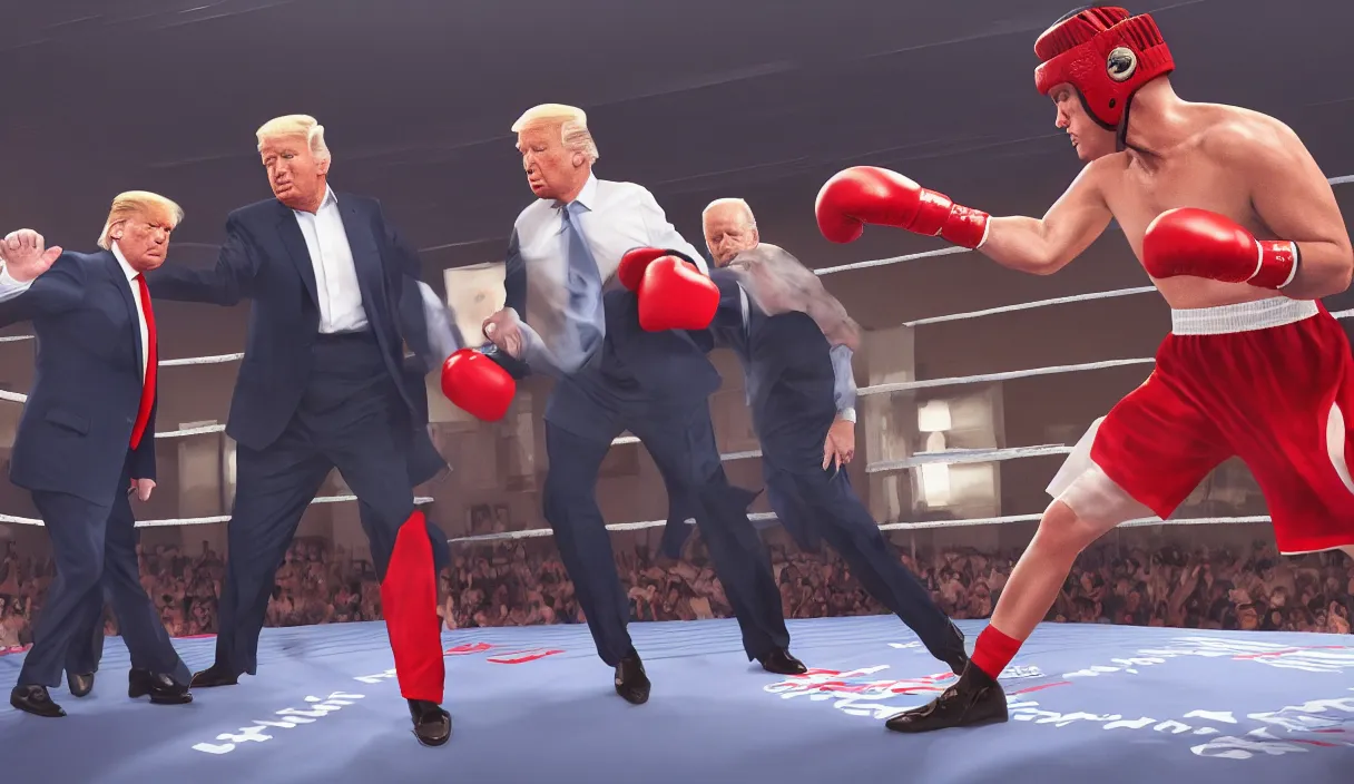 Image similar to a beautiful painting of donald trump and joe biden in a boxing match, cinematic angle, studio lighting, movie concept, trending on artstation, octane render, 8 k, ultra high detail