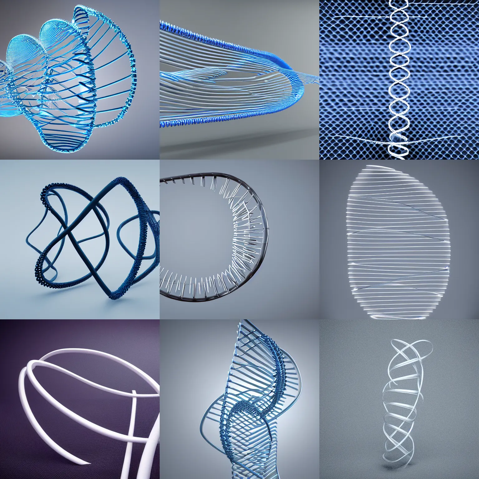 Prompt: ( model of dna helix ) designed by apple, studio photo, white backdrop, studio light, solid works, octane render, macro shot, in focus, dept of field, silver, blue, black design