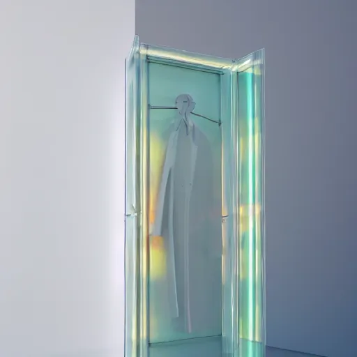 Prompt: an ultra high definition professional studio quality photograph of a transparent iridescent perspex pastel coloured raincoat on white coat hook in an empty white room. dramatic lighting, ray tracing, refraction, shallow d. o. f, colour corrected, golden ratio, three point light. volumetric shadows. god rays.