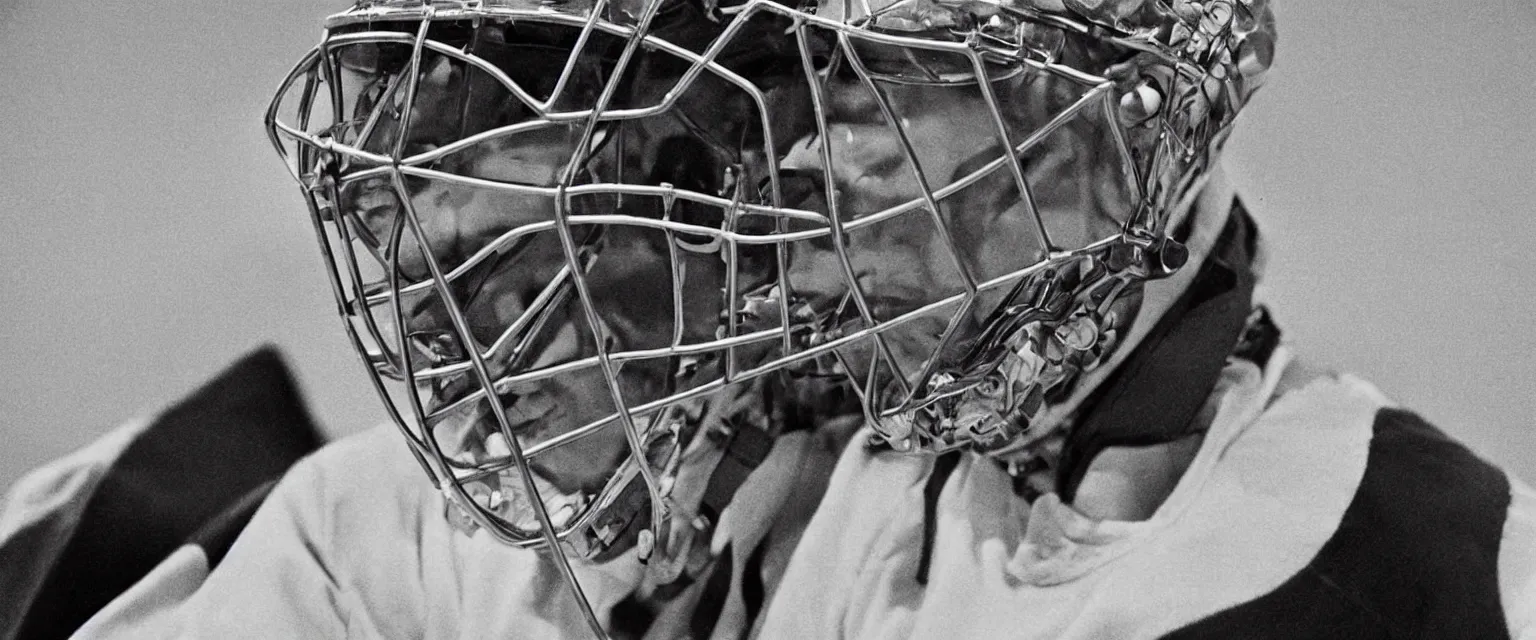 Image similar to detailed sharp photograph in the style of popular science circa 1 9 5 5 and gregory crewdson telephoto lens portrait of an nhl goalie with cool mask design at his goal heavy bokeh