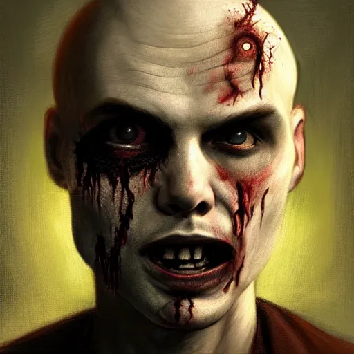 Image similar to head portrait of young and handsome billy corgan as a zombie, 7 days to die zombie, gritty background, fine art, award winning, intricate, elegant, sharp focus, cinematic lighting, digital painting, 8 k concept art, art by michael hussar, art by brom, art by guweiz and z. w. gu, 8 k