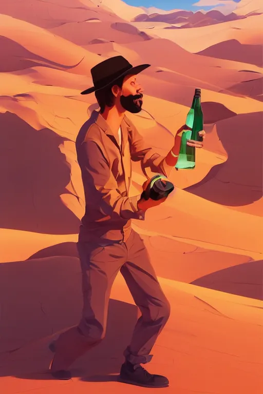 Image similar to funny drinker with bottle in his hand in the desert, smooth face, centered median photoshop filter cutout vector behance hd by artgerm, jesper ejsing, by rhads, makoto shinkai and lois van baarle, ilya kuvshinov, rossdraws, illustration, art by ilya kuvshinov and gustav klimt