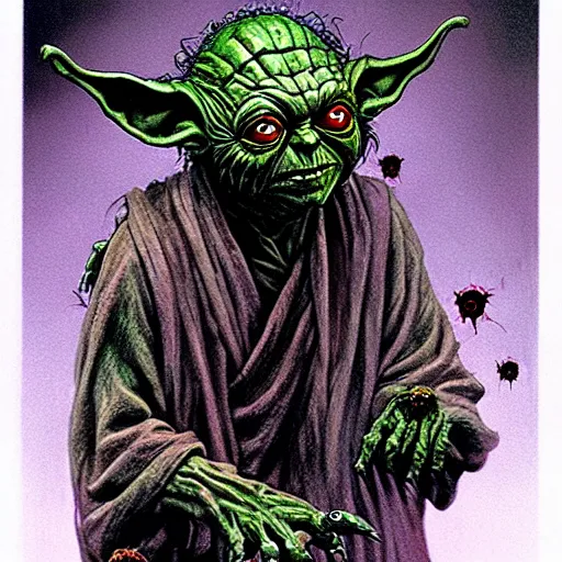 Prompt: zombie yoda, yoda as a zombie, wayne barlowe, zombified, scary