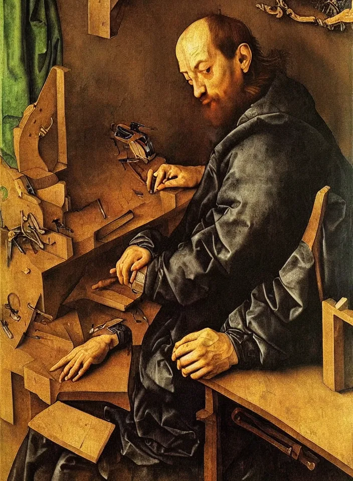 Prompt: Portrait of a man playing video games. Painting by Albrecht Dürer. Intricate details. hyper realism. Masterpiece.