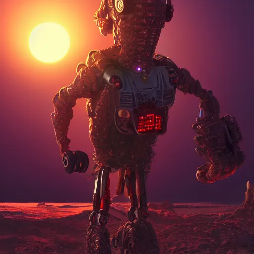 Prompt: blippi - as - a - failed - cyborg - experiment - with - mechanical - limbs, outdoors, sunset, wayne - barlowe, 4 k, high - detail, octane render, artstation,