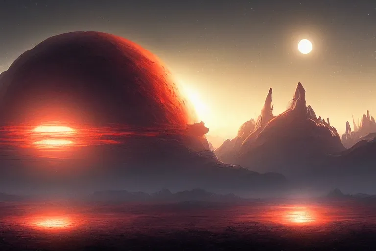 Image similar to rising bloodmoon over an alien world, artwork by Raphael Lacoste and Gilbert Williams, 8k resolution, trending on art station