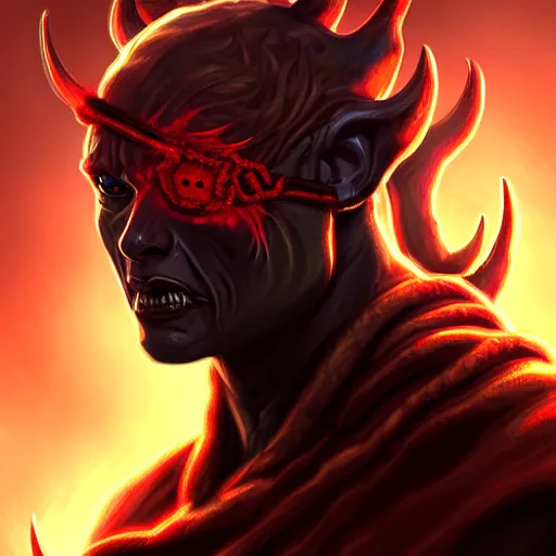 Image similar to Kitava insatiable hunger, path of exile, demon, blindfold, artstation, concept art, digital painting, highly detailed, portrait