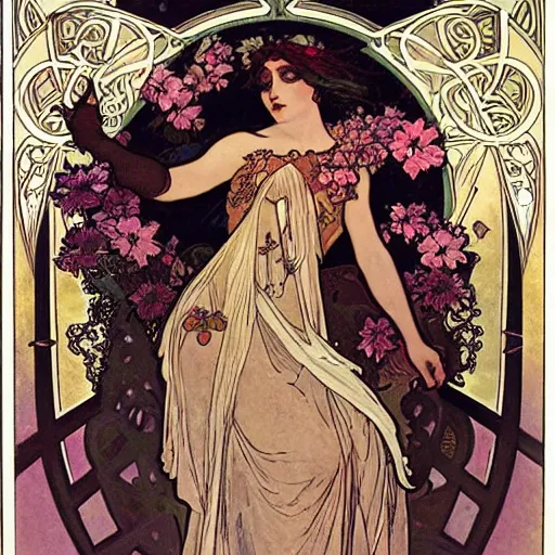 Image similar to persephone as goddess of death, flowers, dark, evil, painted by alphonse mucha